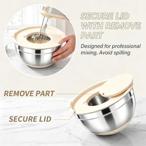 21-Piece Khaki Mixing Bowls Set with Lids, Non-Slip Base & Graters - Nesting Stainless Steel Kitchen Bowls