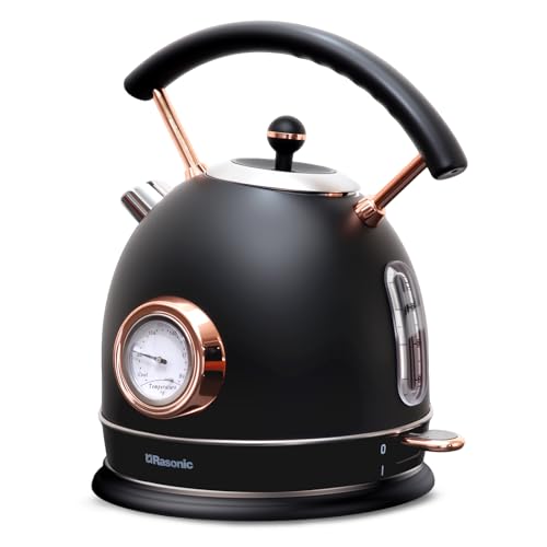 Rasonic Retro Electric Kettle 1.8L Stainless Steel Black, Fast Quiet Boil, Temperature Gauge
