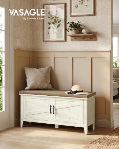 VASAGLE Farmhouse Entryway Shoe Bench with Cushion, Rustic White & Walnut Brown, 39.4" Wide