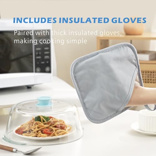Tall Glass Microwave Splatter Cover with Blue Knob - 10 Inch Food Safe Lid