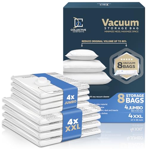 8 Pack Space Saver Vacuum Storage Bags with 4 XXL & 4 Jumbo Sizes - Reusable Closet Organizer
