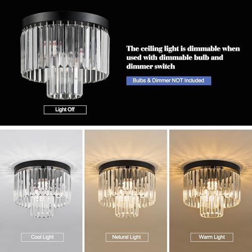 Black 12.6-Inch Crystal Ceiling Light Fixture - 4-Light Modern 2-Tier Chandelier
