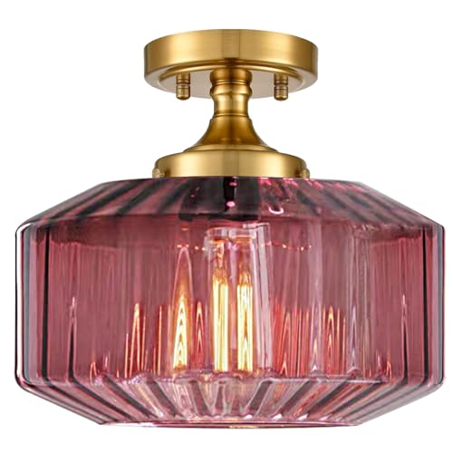 Purple Flush Mount Ceiling Light Fixture - 11.02 Inch Gold Industrial Lamp with Seeded Purple Glass Shade - Variation: Purple / 11.02 Inch