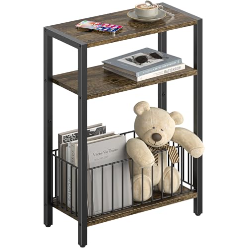 Rustic Brown Narrow Side Table with Storage Basket - Small Space End Table