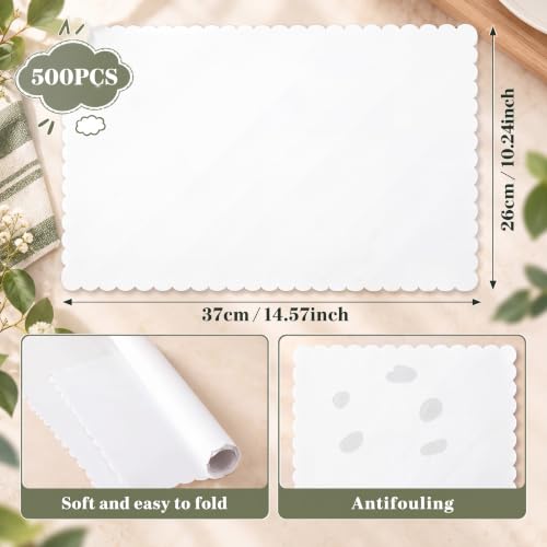 Sabary White Disposable Paper Place Mats Bulk 500 Pcs, Elegant Scalloped Edges