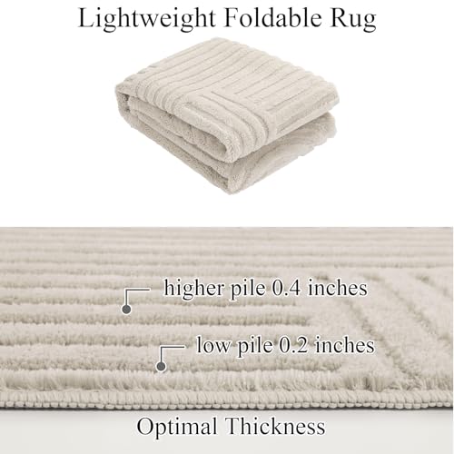 Beige 6'x9' Fluffy Geometric Area Rug with High-Low Pile - Non Slip Washable Modern Scandinavian Carpet for Living Room Bedroom