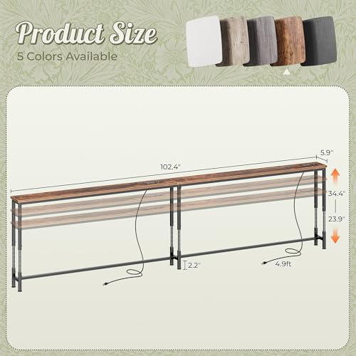 Huuger Rustic Brown 102.4 Inch Sofa Table with Power Outlets, Adjustable Height Behind Couch