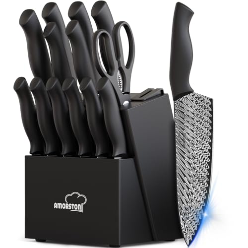 15-Piece Kitchen Knife Set with Built-In Sharpener and Block - German High-Carbon Steel