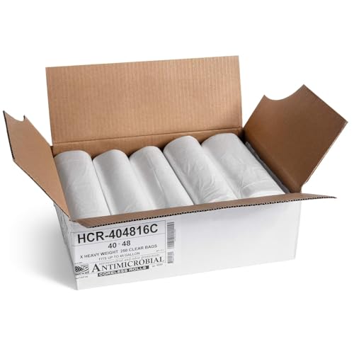 45 Gallon Clear Trash Bags | High Density 16 Micron Garbage Liners, 250 Pack