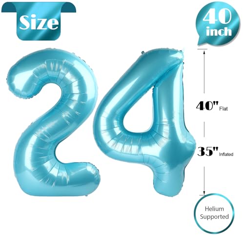 Pearlescent Blue Number 24 Balloon 40 inch, 24 Number Balloons, 24th Birthday Decorations, 24 Year Old Women Men Pearlescent Blue Party Supplies