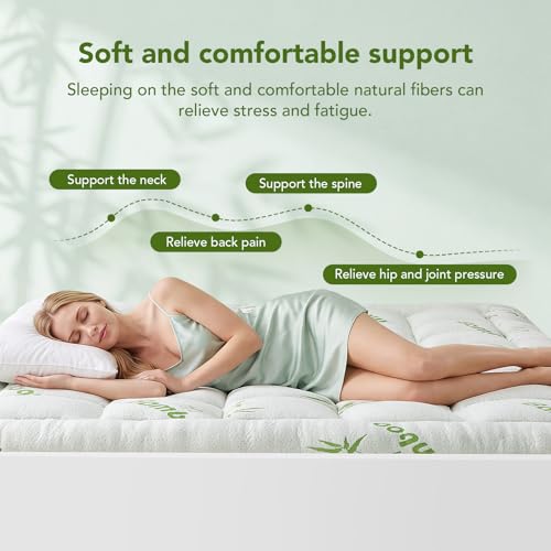 Green Full Size Bamboo Mattress Topper - Extra Thick Quilted Pillow Top, Cooling & Breathable, Deep Pocket Fit 6-18 Inches