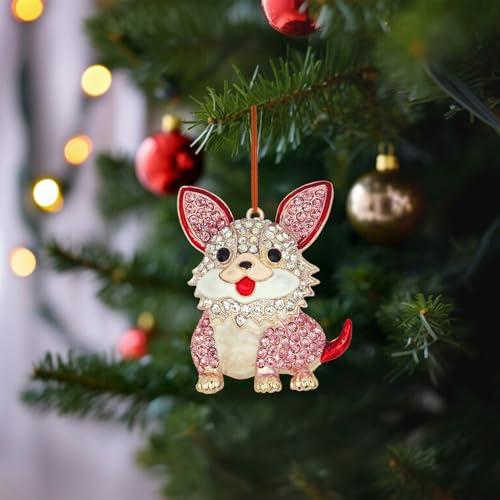 Pink Dog Christmas Ornament 2026 – Metal Rhinestone Dog Keepsake for Tree