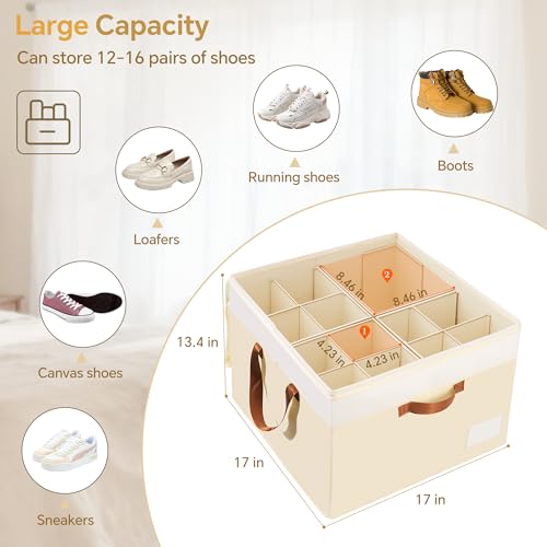 Criusia Foldable Shoe Organizer Box with Adjustable Dividers - Beige, Holds 16-32 Pairs