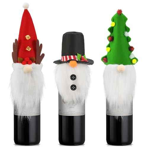 3 Pack Christmas Gnome Wine Bottle Covers,Swedish Gnomes Wine Bottle Toppers Decorative Santa Christmas Tree Snowman,Wine Bottle Bags for Christmas Holiday Party Decorations