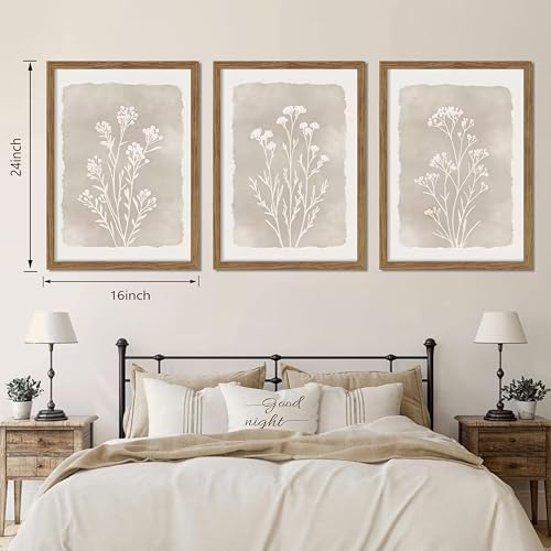 Gray Flowers Framed Botanical Wall Art Set of 3 - 16x24 Inch Rustic Floral Prints