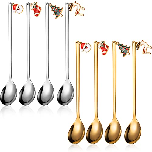 8 Pieces Christmas Spoons Stainless Steel Christmas Coffee Stirrers Gold and Silver Tea Dessert Spoons for Stirring Coffee Tea Soup Sugar Dessert Seasoning Ice Cream