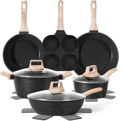 SODAY 13-Piece Non-Stick Pots and Pans Set Black Granite Induction Cookware - Variation: Black, 13 Pieces