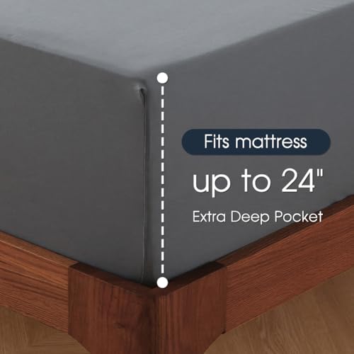Deep Pocket Queen Bed Sheets 100% Cotton Grey 4pc - Extra Deep 18-24 Inch