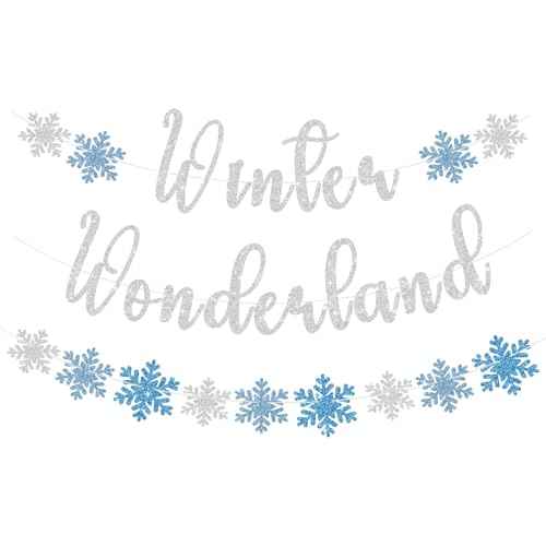 Winter Wonderland Banner, Pre-Strung Christmas Banner for Mantle, Glitter Snowflake Banner, Winter Wonderland Sign for Winter New Year Xmas Party Fireplace Hanging Supplies
