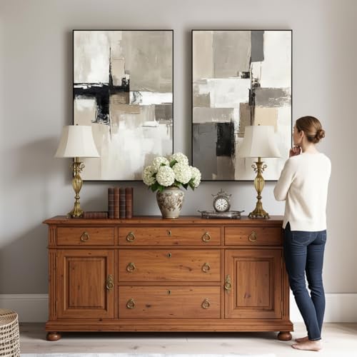Framed Neutral Abstract Wall Art Set of 2 - 24x36 Inches, Beige Gray Black