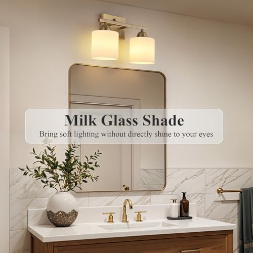 Brass 2-Light Milk Glass Vanity Lights for Bathroom - Over Mirror Wall Fixture