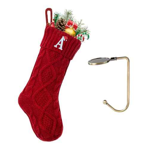 Christmas Stockings with Initials, Letter A Embroidered Xmas Stockings, 18" Large Monogram Knitted Xmas Stocking, Christmas Party Fireplace Family Hanging Stocking Decorations(1 Pack, Red)