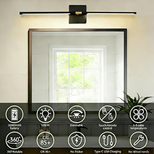Black Wireless Battery Wall Sconces Set of 2 - Rechargeable 10000mAh, 360° Rotatable LED Wall Lights for Bedroom & Living Room
