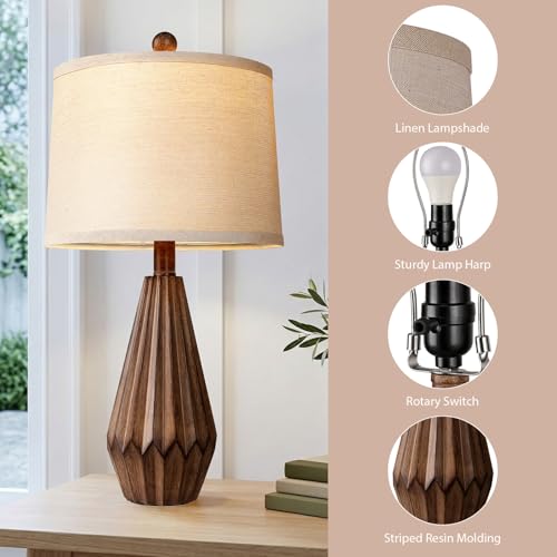 Hamucd 22-Inch Set of 2 Rustic Farmhouse Table Lamps with Wood Grain Finish and Linen Shades