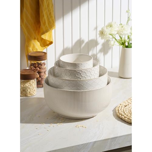 Mikiegy Ceramic Mixing Bowls Set of 4, Nesting Embossment Stoneware