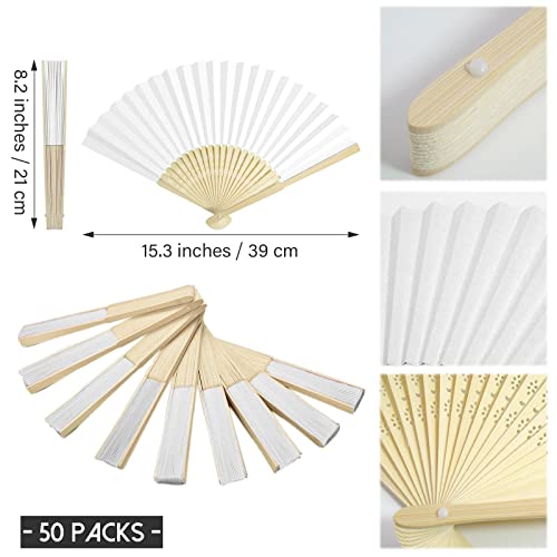 White Paper Hand Fans Pack of 50 - Folding Bamboo Wedding & Party Fans