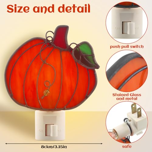 Baquler 2 Pack Stained Glass Pumpkin Night Lights - Plug-in Wall Decor - Thanksgiving Halloween