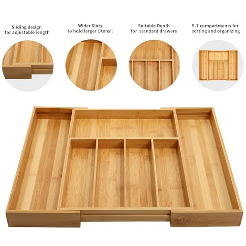 VaeFae Bamboo Drawer Organizer Large Natural - Expandable Silverware & Utensil Storage