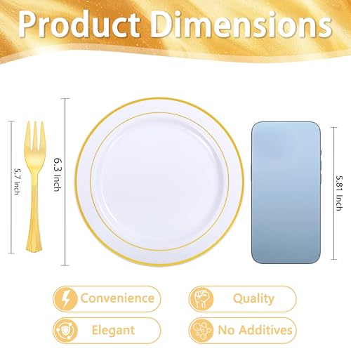 120 Pcs Disposable Dessert Plates with Gold Rim & Forks Set - 6.3 Inch for Weddings & Parties