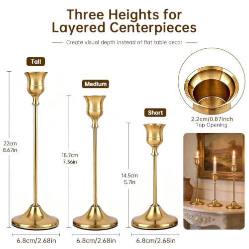 36PCS Gold Brass Taper Candle Holders Set - Vintage Metal Layered Design - Includes 3 Heights