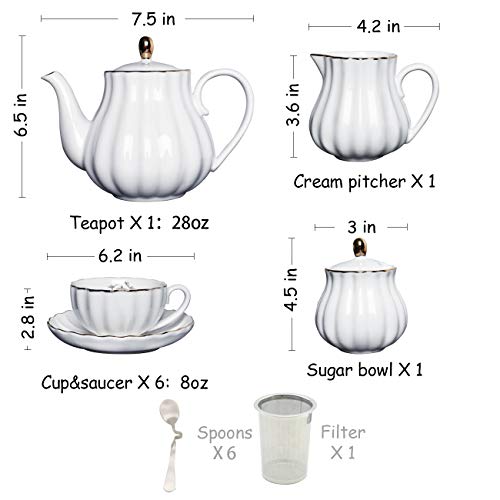 White Porcelain British Royal Tea Set for 6 with Teapot Saucer & Accessories
