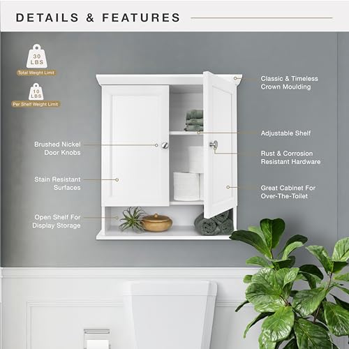 Wall Mounted Medicine Cabinet Organizer 23x26 Inches - White, 2-Door, Adjustable Shelf