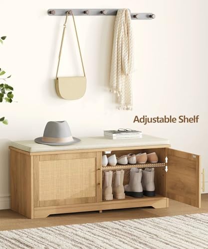 Zeibospri Rattan Shoe Storage Bench 39.4" Wide Entryway Bench with Adjustable Shelf, Natural Oak Finish, 13.8"D x 39.4"W x 17.9"H
