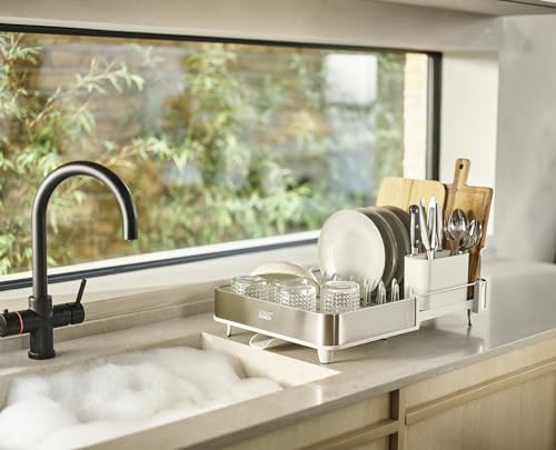 Joseph Joseph Light Stone 1-Tier Expandable Stainless Steel Dish Drying Rack with Removable Cutlery Holder