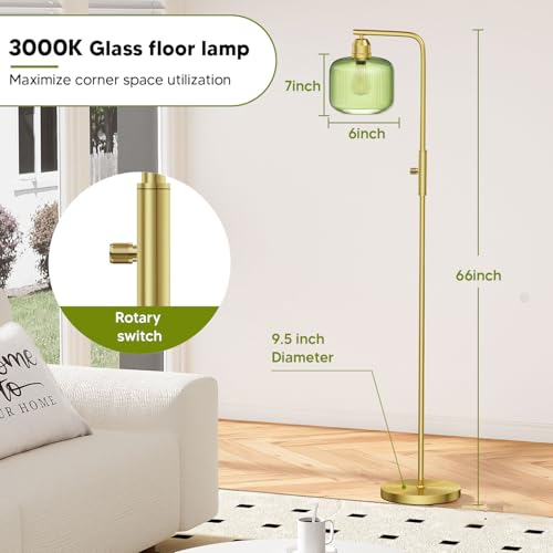 Dimmable Gold Floor Lamp with Green Ribbed Glass Shade - 66" Tall, Karjoefar