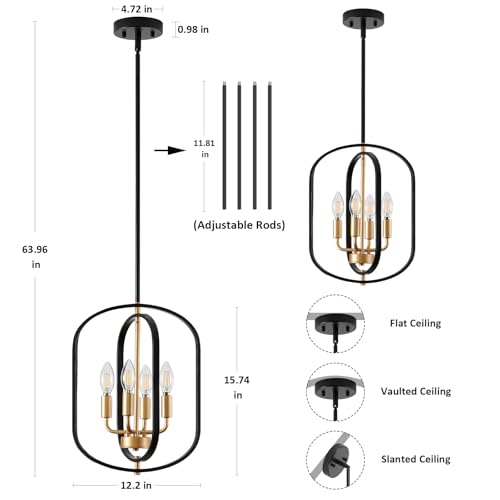 4-Light Black and Gold Farmhouse Chandelier for Dining Room Entryway Pendant Light Fixture