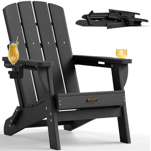 Black Folding Adirondack Chair with Cup Holders - All-Weather HDPE Outdoor Lounge Chair