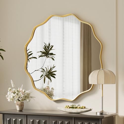 VooBang 24-Inch Gold Scalloped Wavy Edge Round Wall Mirror - Vintage Style