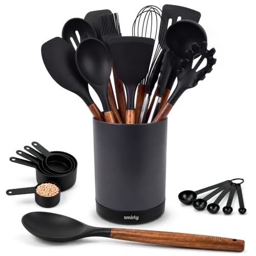 Silicone Kitchen Utensils Set - 22 Pieces with Black Handles & Acacia Wood, Black