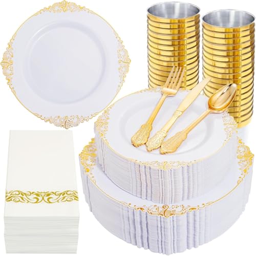 Gold Disposable Plates Set for 50 Guests - Nervure 350Pcs Baroque Dinnerware