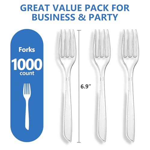 1000 Count Heavy Duty Clear Plastic Forks - Disposable Flatware for Events
