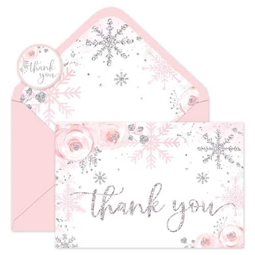 Whaline Pink Glitter Snowflake Thank You Cards 24 Pack with Envelopes & Stickers