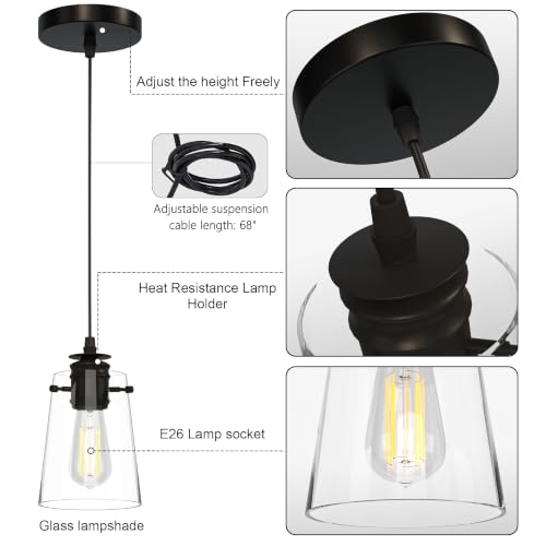 Black Pendant Lights for Kitchen Island - 3 Pack Modern Glass Hanging Fixtures