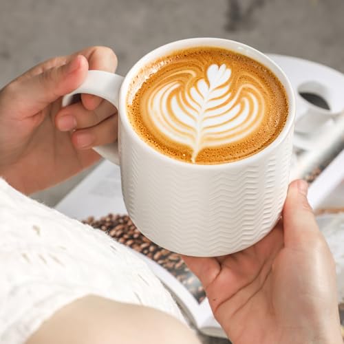 Multicolor Coffee Mug Set with Metal Stand - 15 oz Embossed Ceramic Cups for Latte Tea Cappuccino