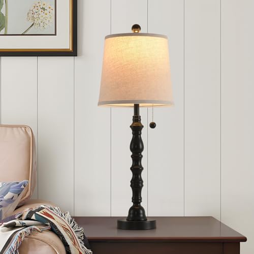 Terpsichore Set of 2 Black Farmhouse Table Lamps with Fabric Shades - 26.25 Inch Bedside & Living Room Decor