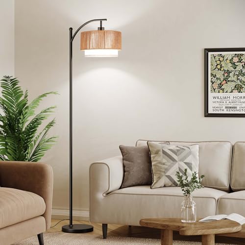SUNMORY Arc Floor Lamp with Rattan Shade & 12W LED Bulb - Black / Rattan